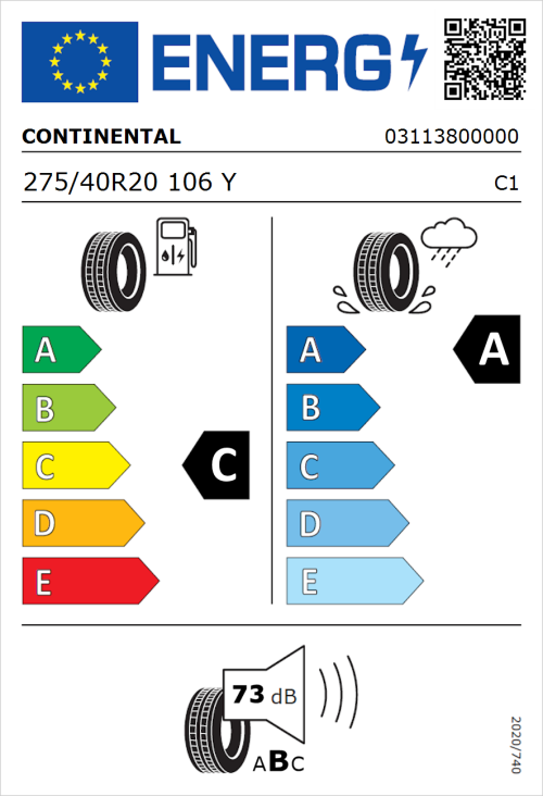 Tyre Label for Continental SportContact 7 275/40R20 106Y